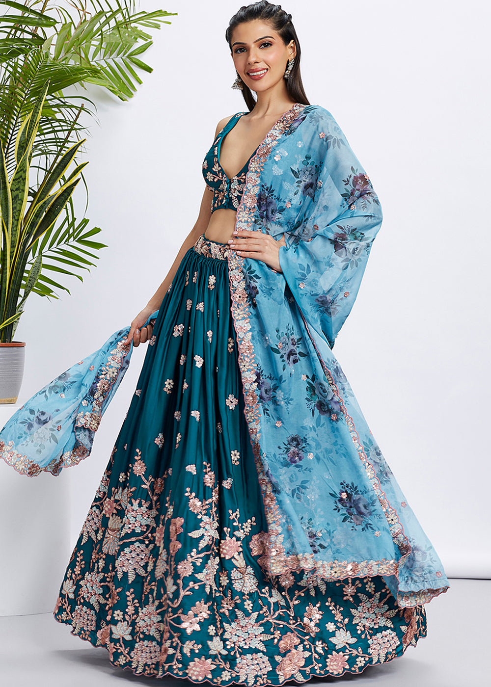 Teal Blue Georgette Lehenga Choli with Sequins & Thread Embroidery work