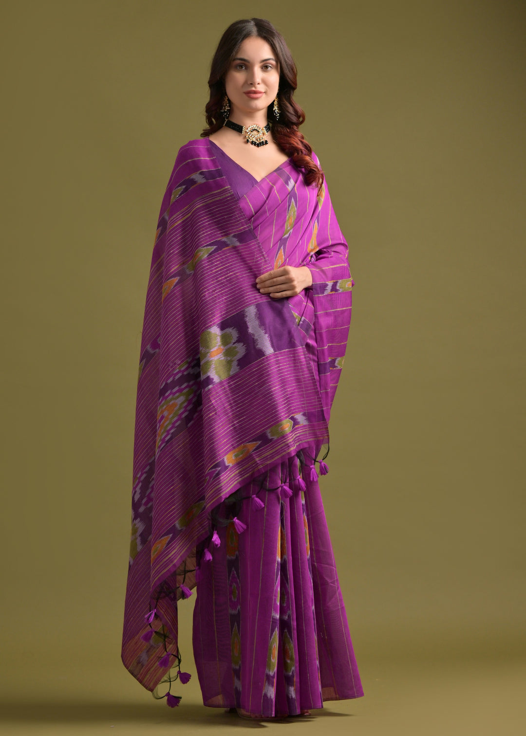 Ultra Pink Soft Ikkat Cotton Printed Saree