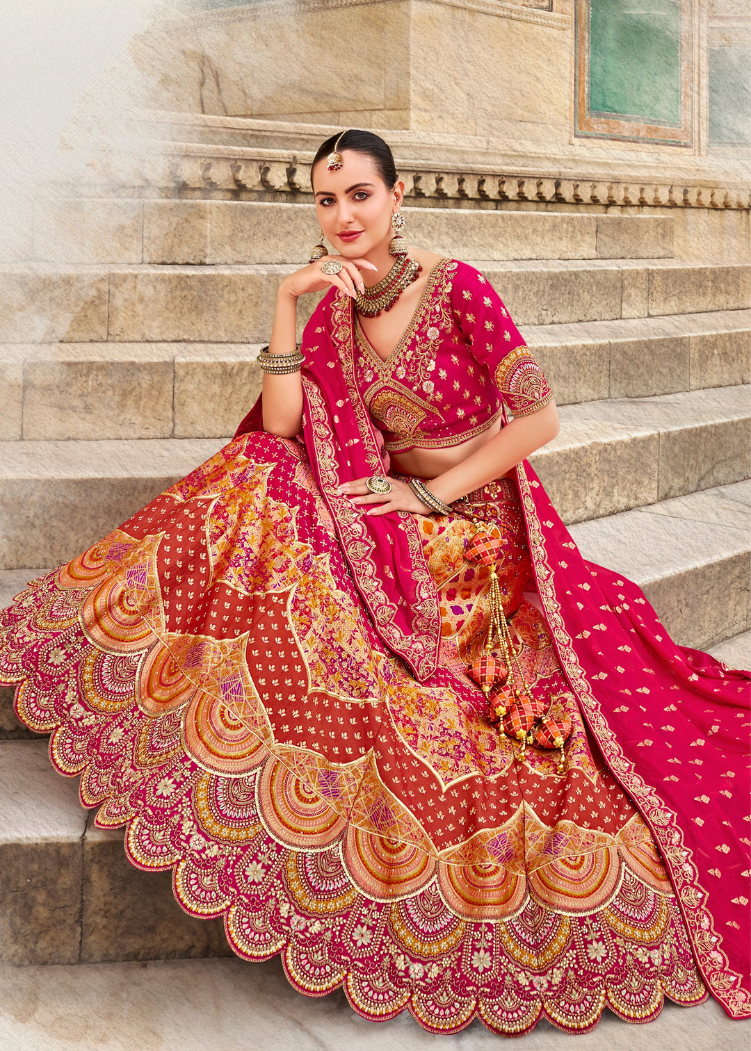 Rani Pink Banarasi Silk Lehenga Choli with Zarkan, Sequence and Thread Work