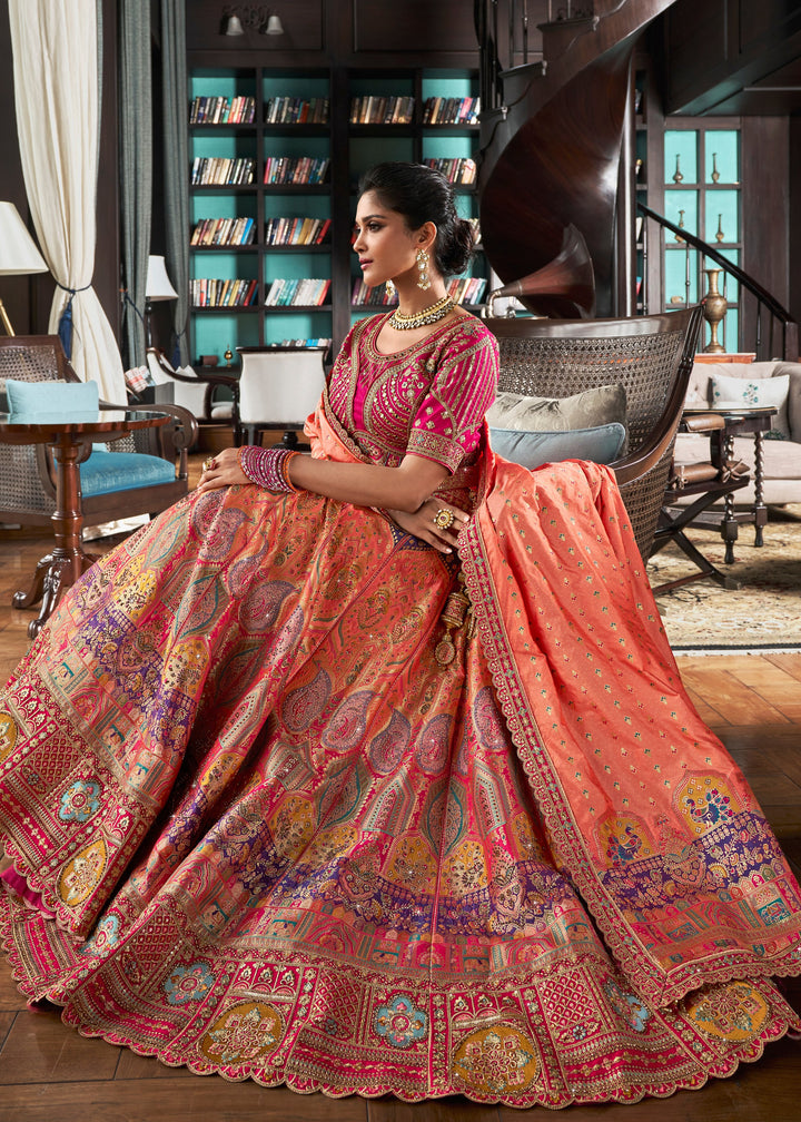 Coral Pink Banarasi Silk Lehenga with Zarkan Codding work