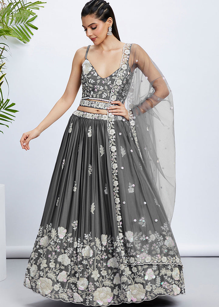 Dim Grey Georgette Lehenga Choli with Sequins & Thread Embroidery work