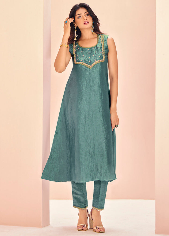 Aqua Organza Handwork Kurta with Pant