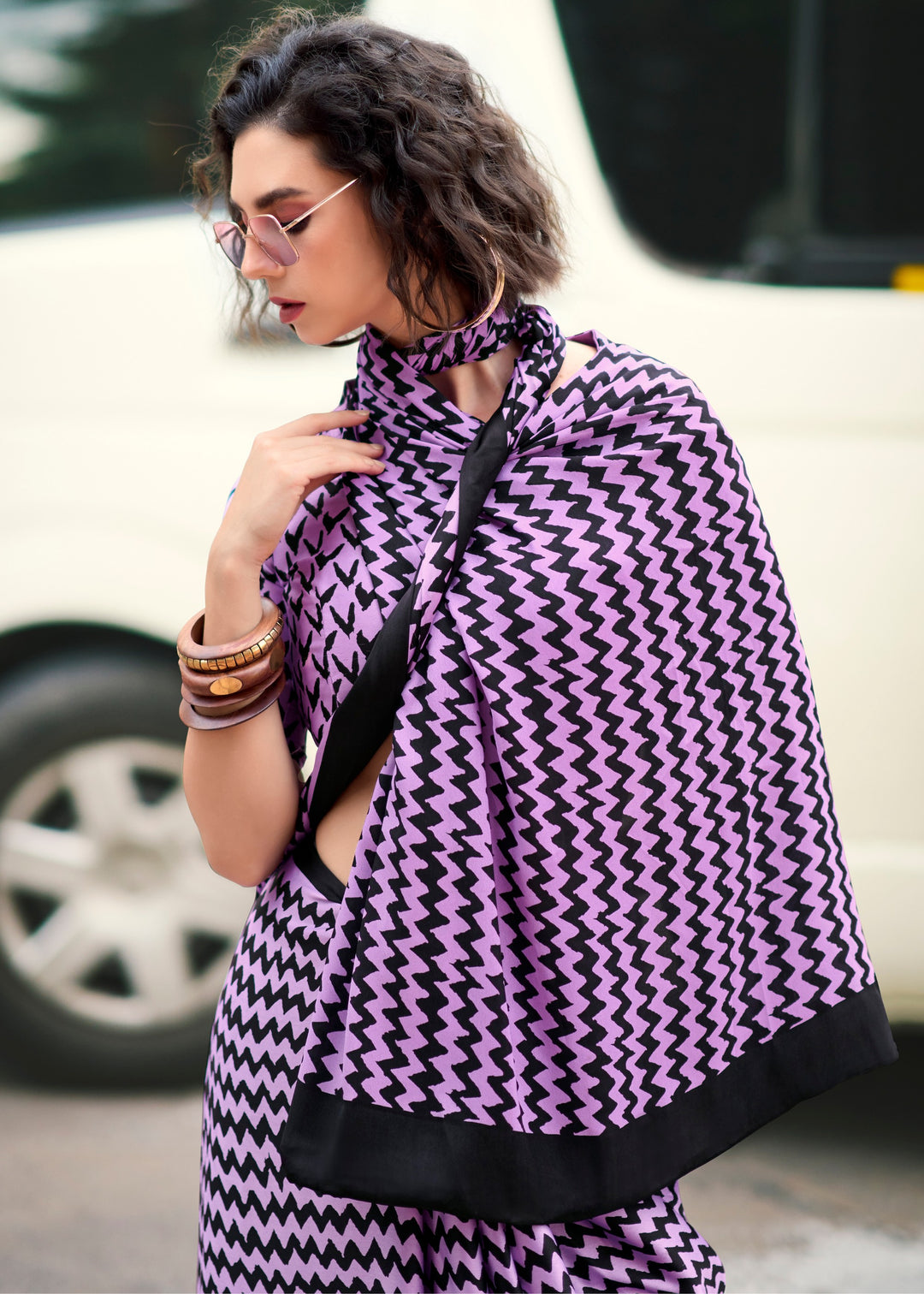 Iris Purple Printed Satin Silk Saree