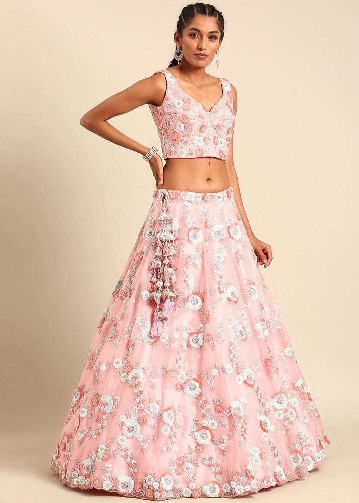 Shades Of Pink Net Lehenga Choli with Sequins & Zarkan Embroidery work