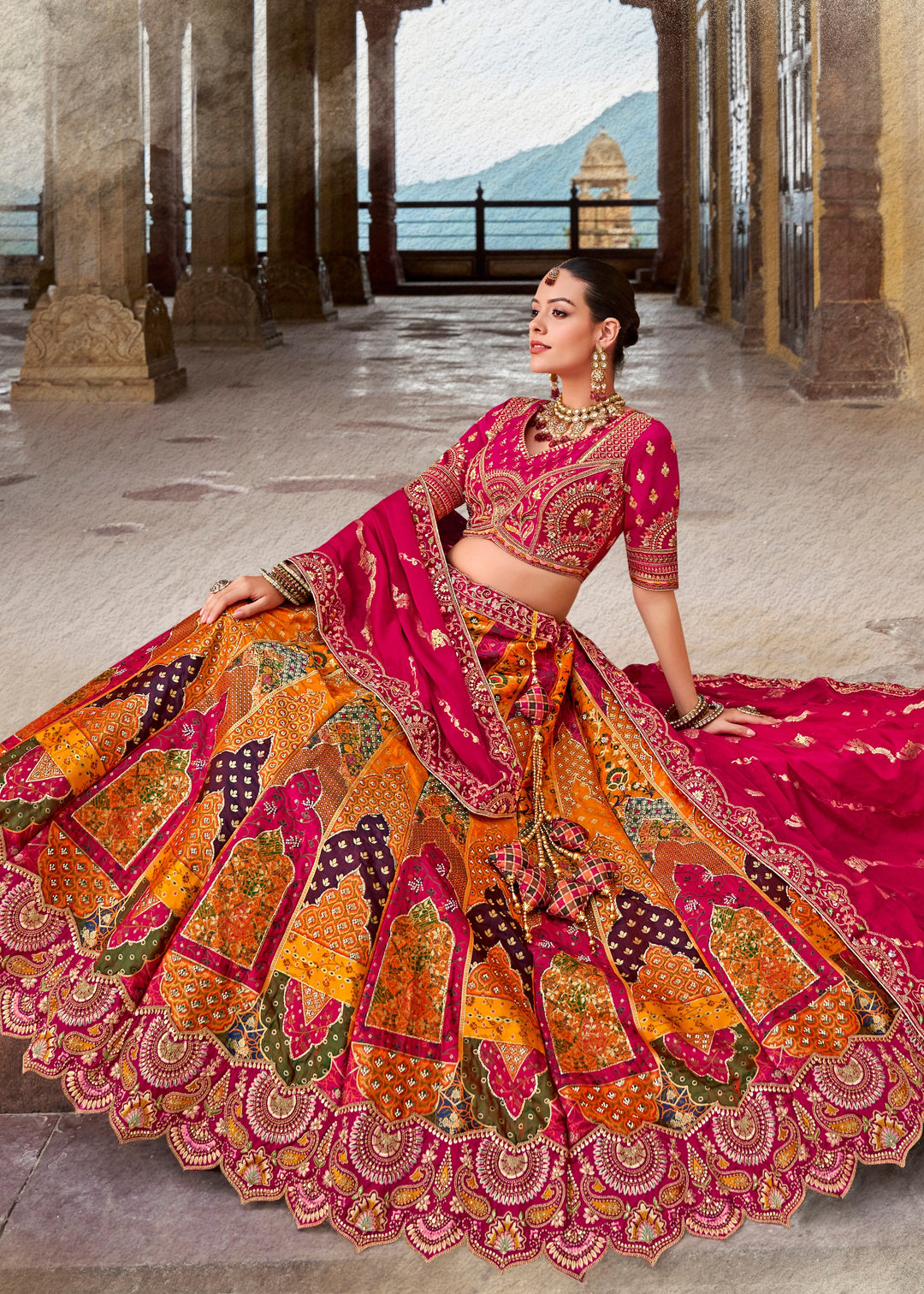 Tangerine Orange & Pink Banarasi Silk Lehenga Choli with Zarkan, Sequence and Thread Work