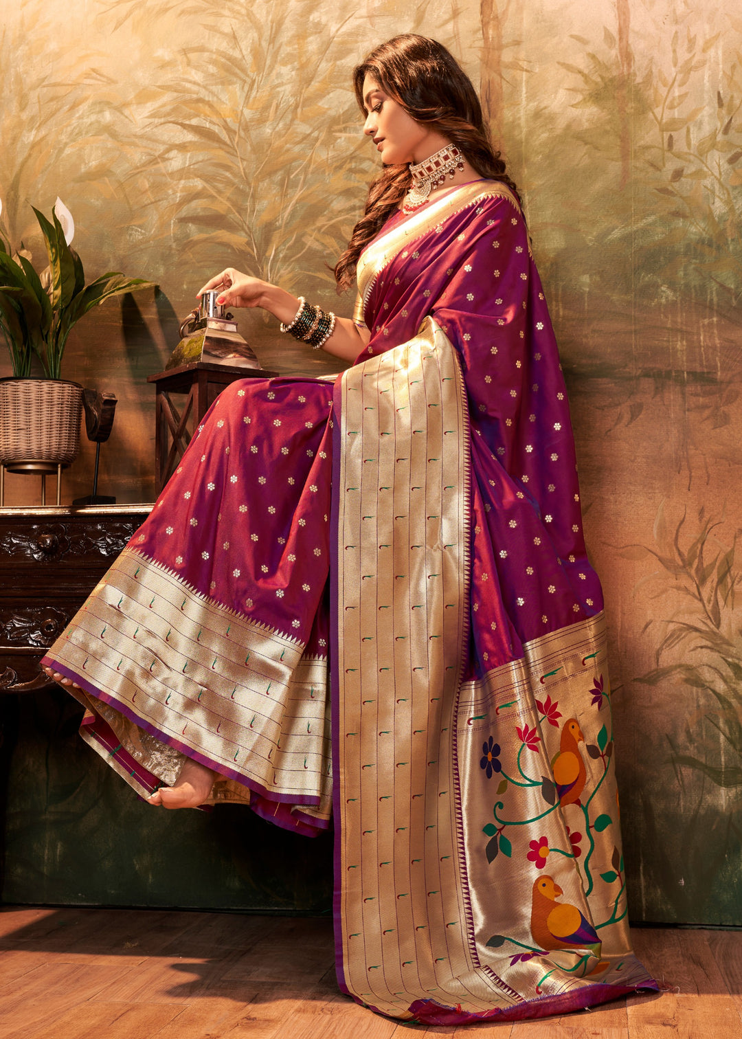 Grape Purple Paithani Silk Saree With Zari Weaving