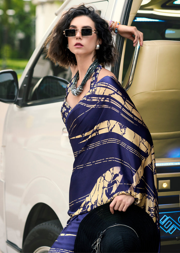 Royal Blue Printed Satin Silk Saree