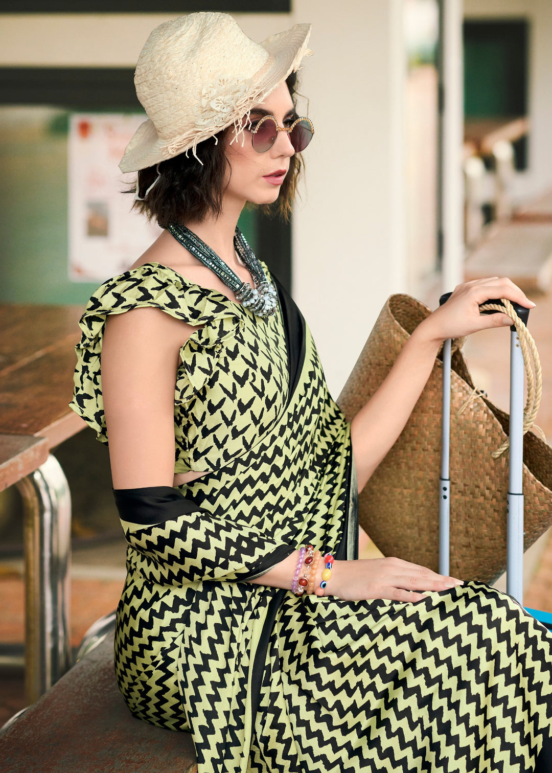 Tea Green Printed Satin Silk Saree