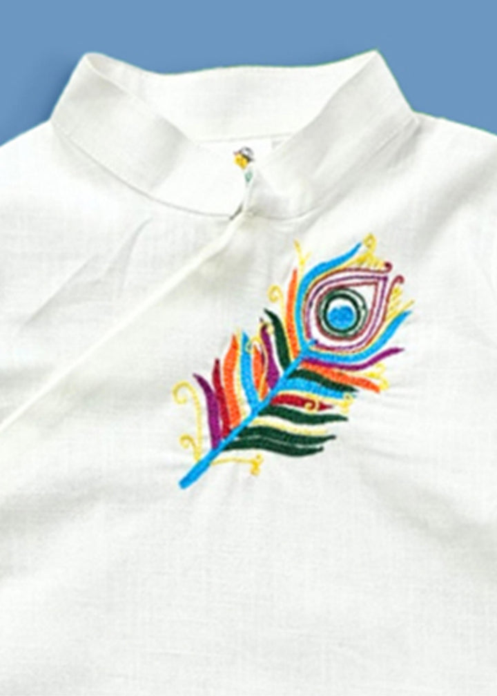 Organic Cotton Colourful Peacock Feather Embroidered White Kurta paired with Pajama Pants