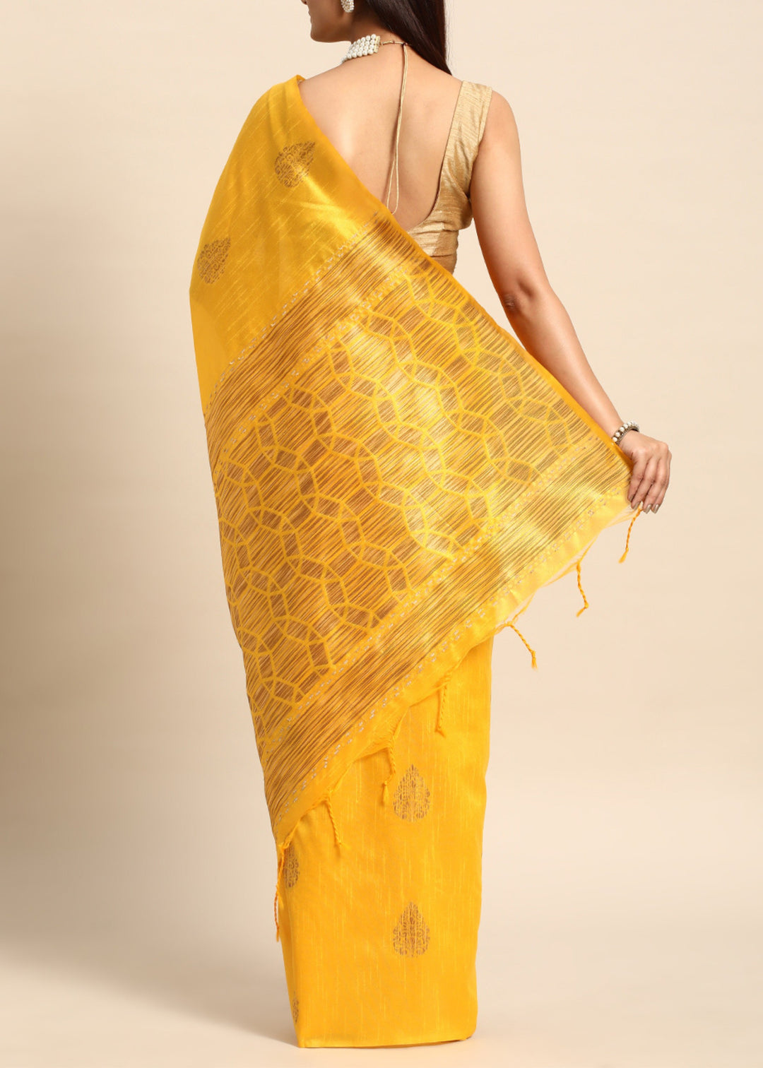 Golden Yellow Denim Blue Woven Handloom Raw Silk Saree