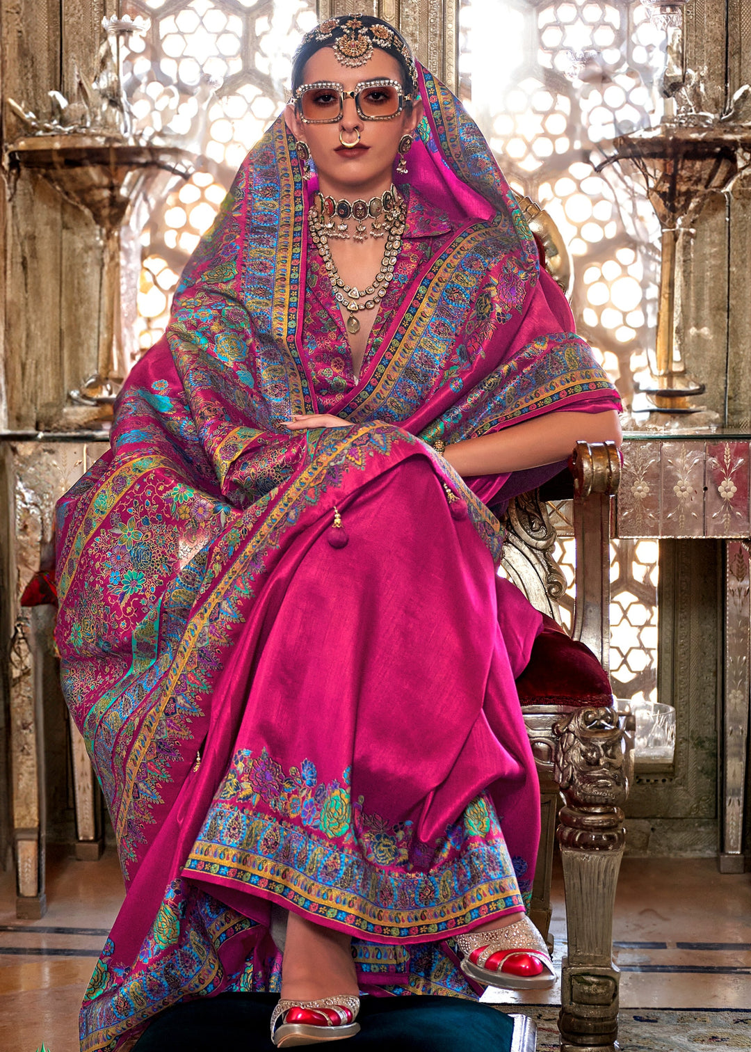 Fuchsia Pink Silk Saree With Luxury Print And Glory Finish