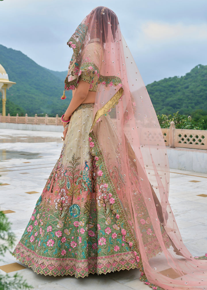 Pista Green and peach Viscose Tissue Lehenga Choli with Embroidery Work (PRE-ORDER)