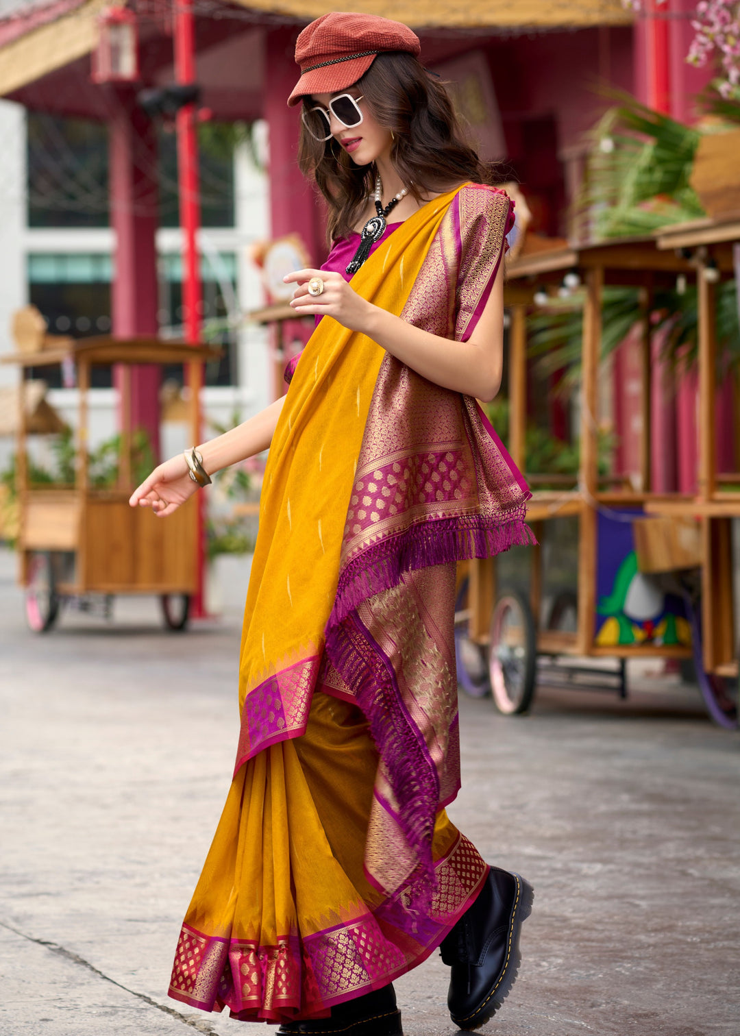 Chrome Yellow Banarasi Silk Saree With Beautiful Contrast Border