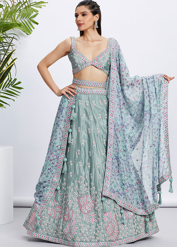 Eucalyptus Green Chiffon Lehenga Choli with Sequins & Thread Embroidery work