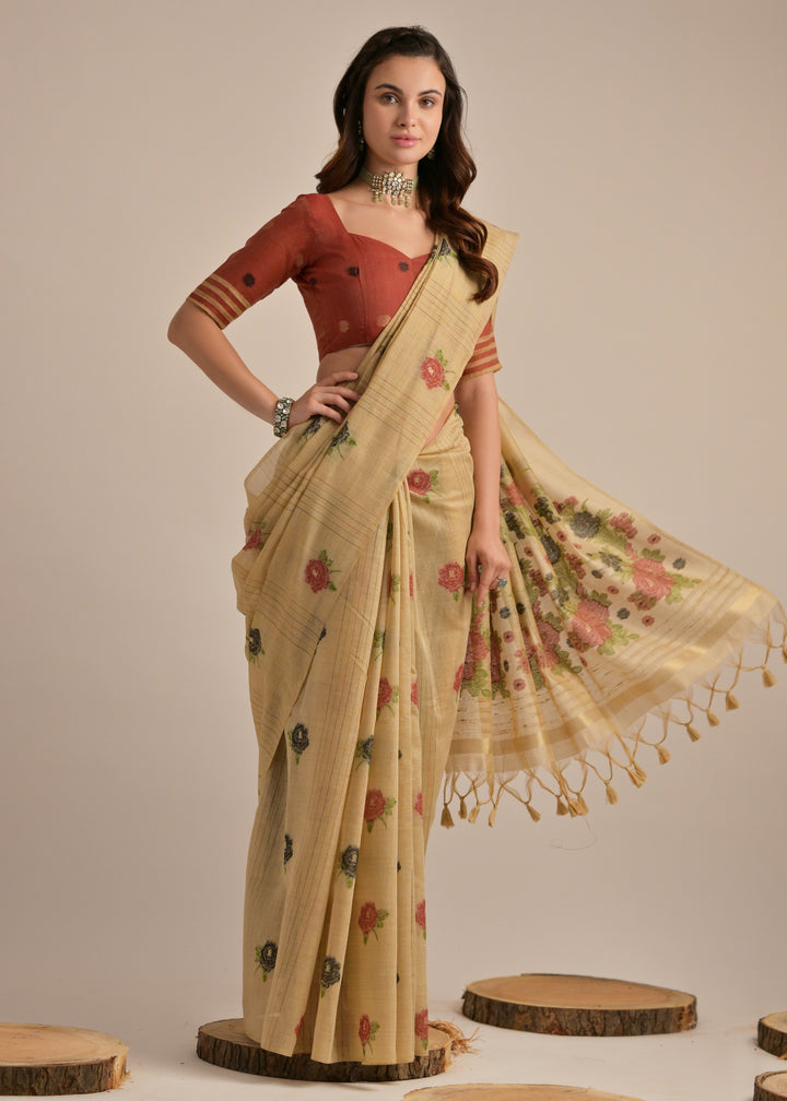 Pale Brown Thread Woven Cotton Saree With Contrast Blouse