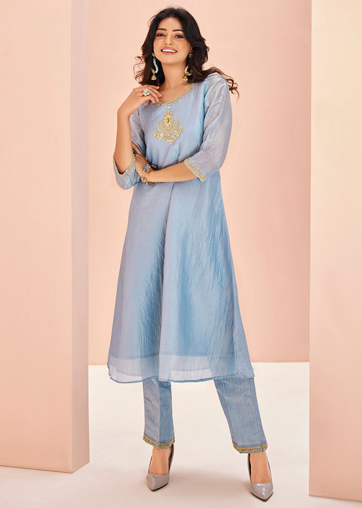 Pastel Blue Organza Handwork Kurta with Pant