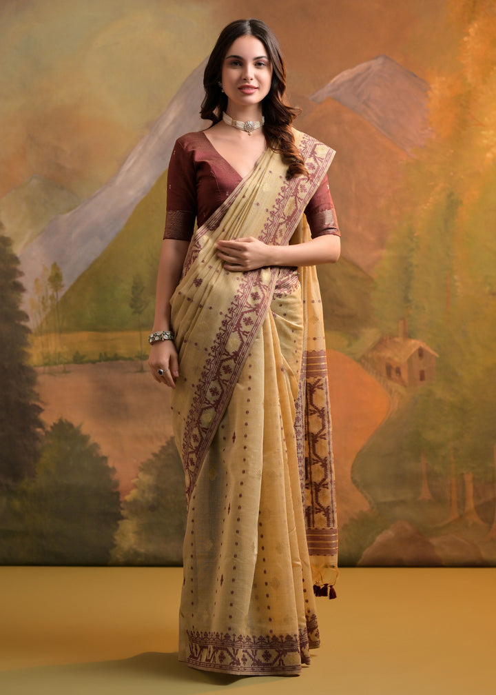 Tan Brown Thread Woven Cotton Saree With All Over Butti