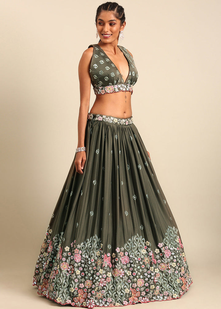 Olive Green Georgette Multi Sequins Lehenga Choli