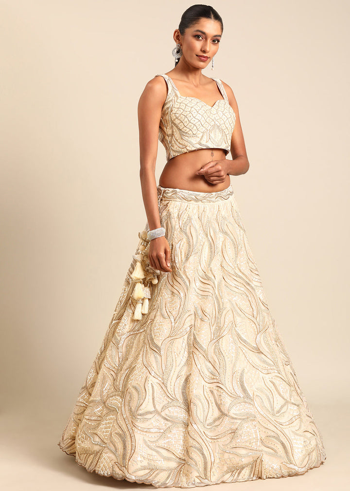 Cream White Net Lehenga Choli with Sequins & Zarkan Embroidery work