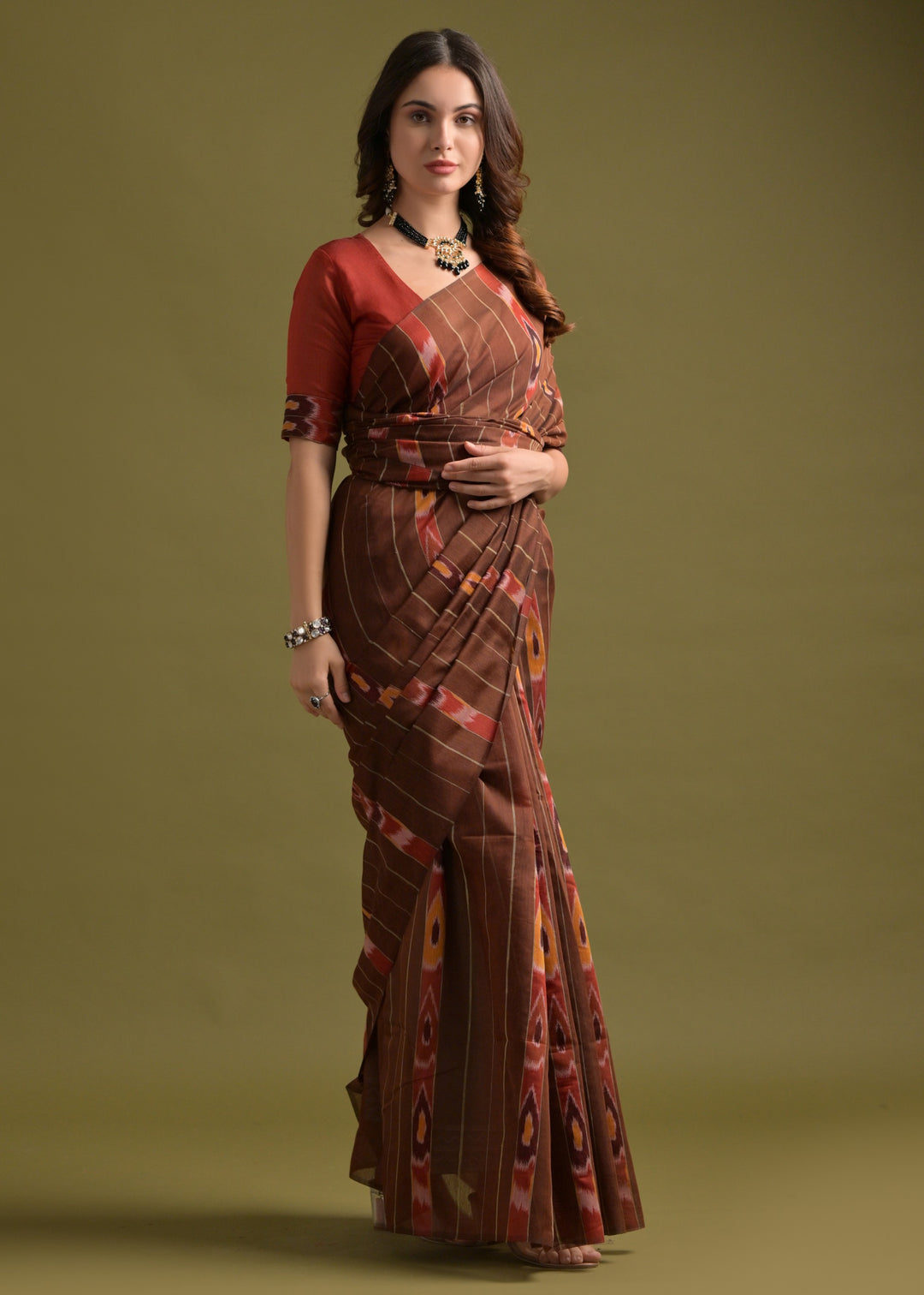 Coffee Brown Soft Ikkat Cotton Printed Saree