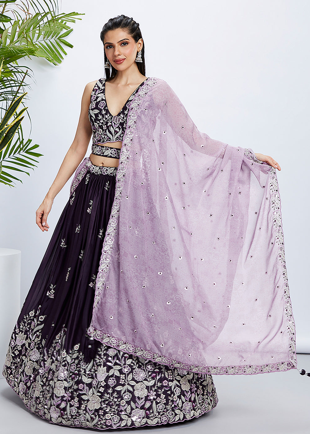 Plum Purple Georgette Lehenga Choli with Sequins & Thread Embroidery work