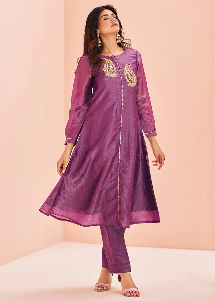 Purple Organza Handwork Kurta with Pant