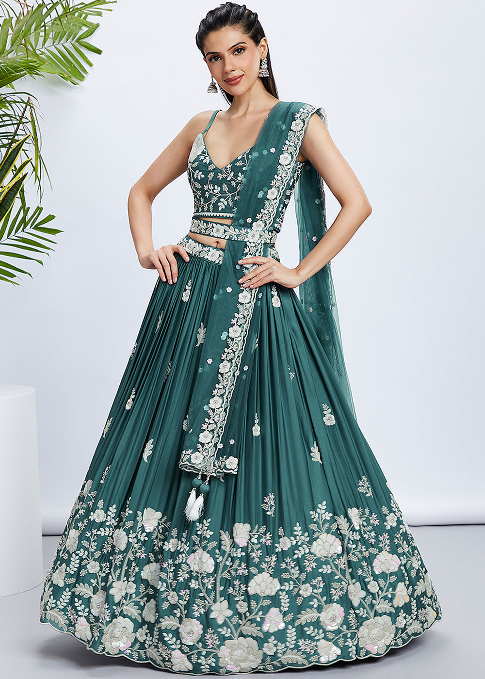 Dark Cyan Blue Georgette Lehenga Choli with Sequins & Thread Embroidery work