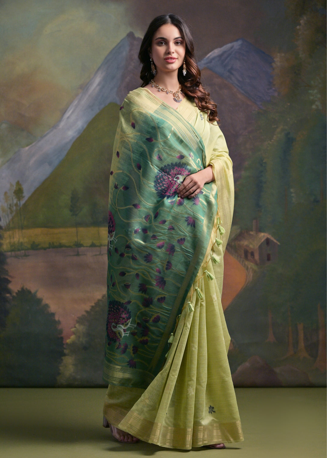 Tea Green Thread Woven Cotton Saree With Contrast Blouse And Pallu