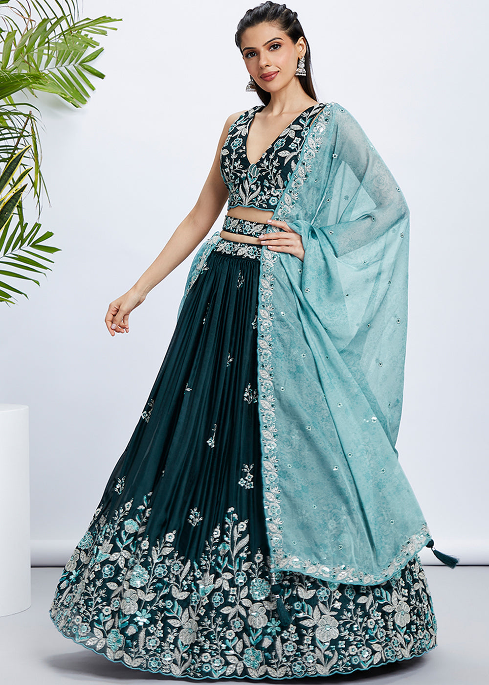 Dark Teal Green Georgette Lehenga Choli with Sequins & Thread Embroidery work