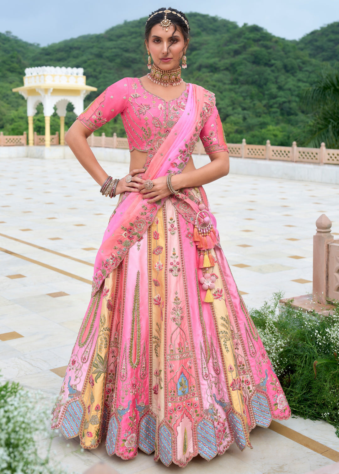 Shades of Pink Viscose Tissue Lehenga Choli with Embroidery Work