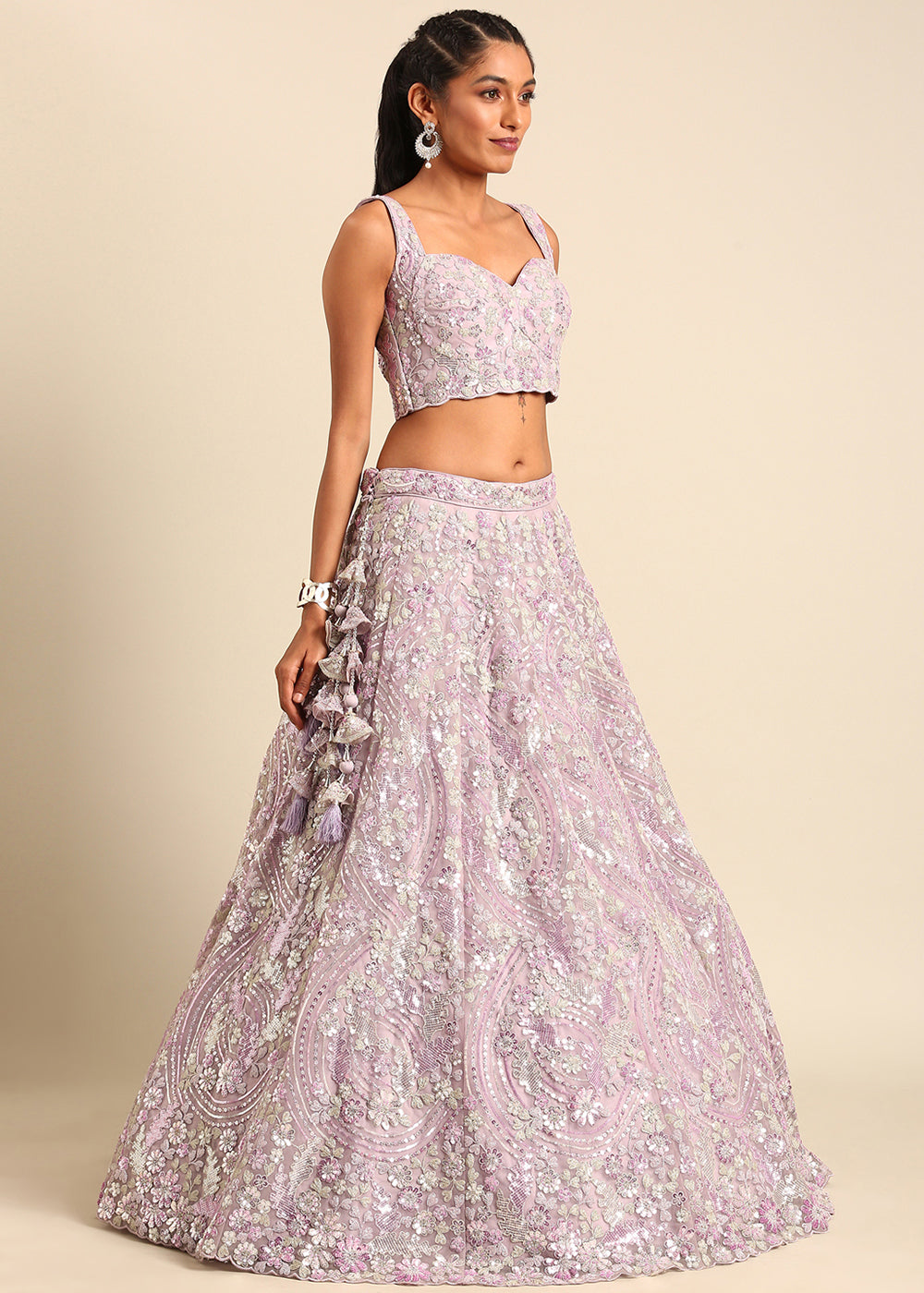 Lavender Purple Net Lehenga Choli with Sequins & Zarkan Embroidery work