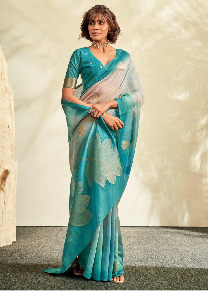 Turquoise Blue Handloom Khadi Silk with Digital Print