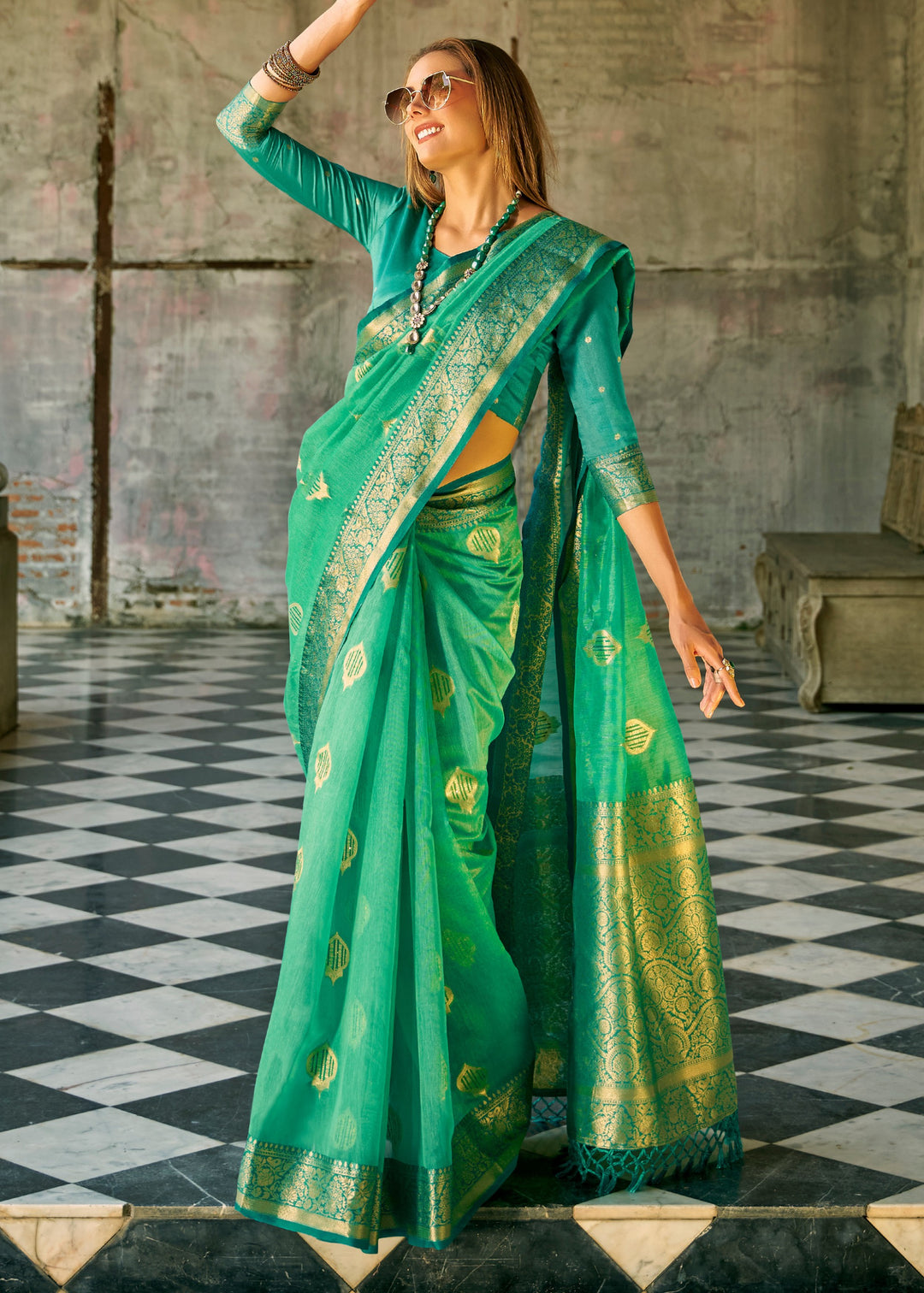 Persian Green Soft Tissue Silk Saree With Contrast Border