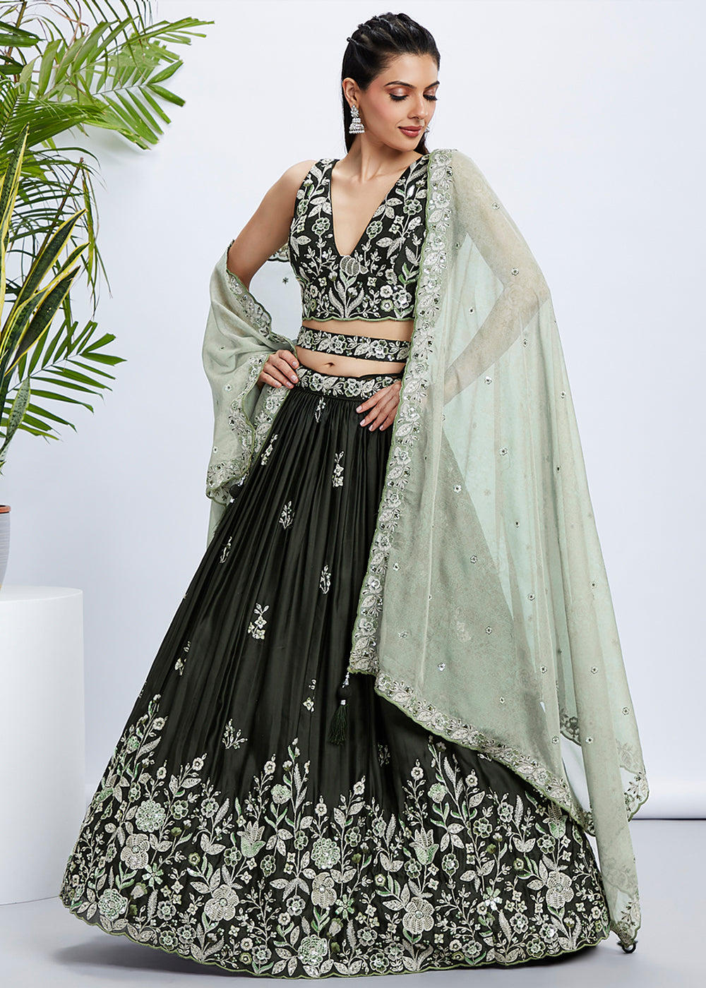 Dark Olive Green Georgette Lehenga Choli with Sequins & Thread Embroidery work