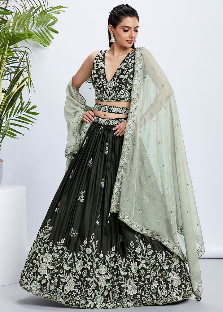 Dark Olive Green Georgette Lehenga Choli with Sequins & Thread Embroidery work