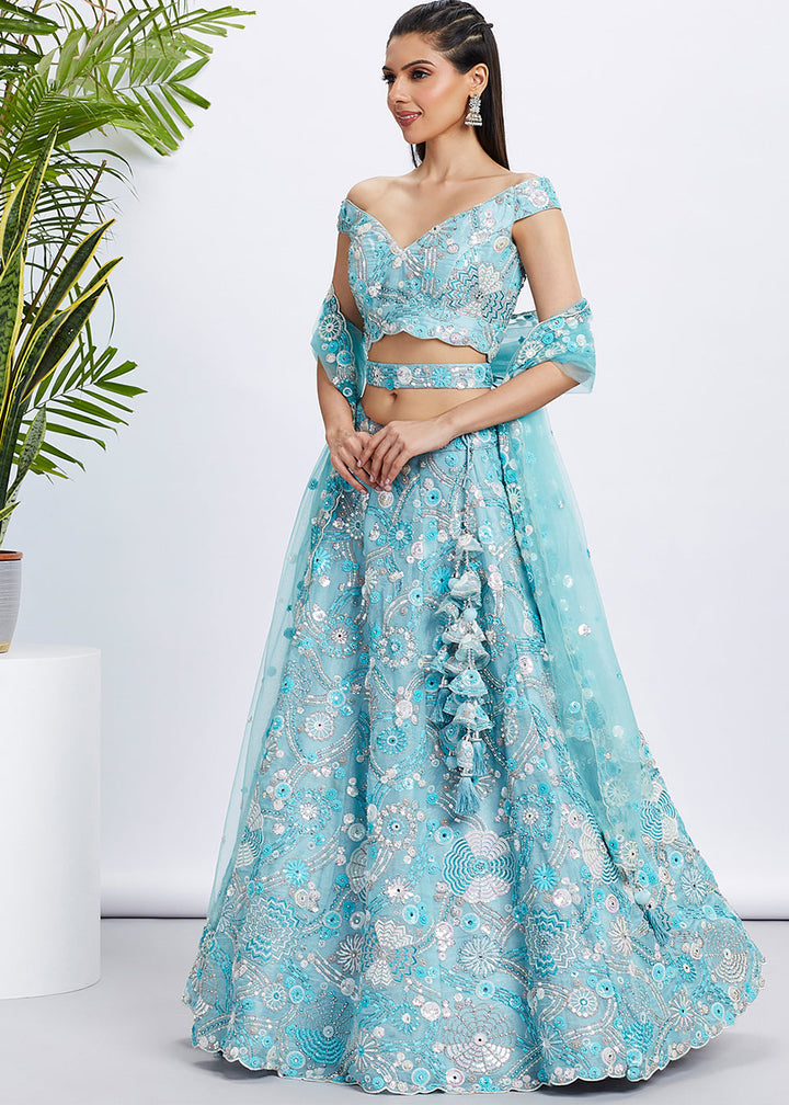 Sky Blue Organza Lehenga Choli with Sequins, Zarkan & Thread Embroidery work