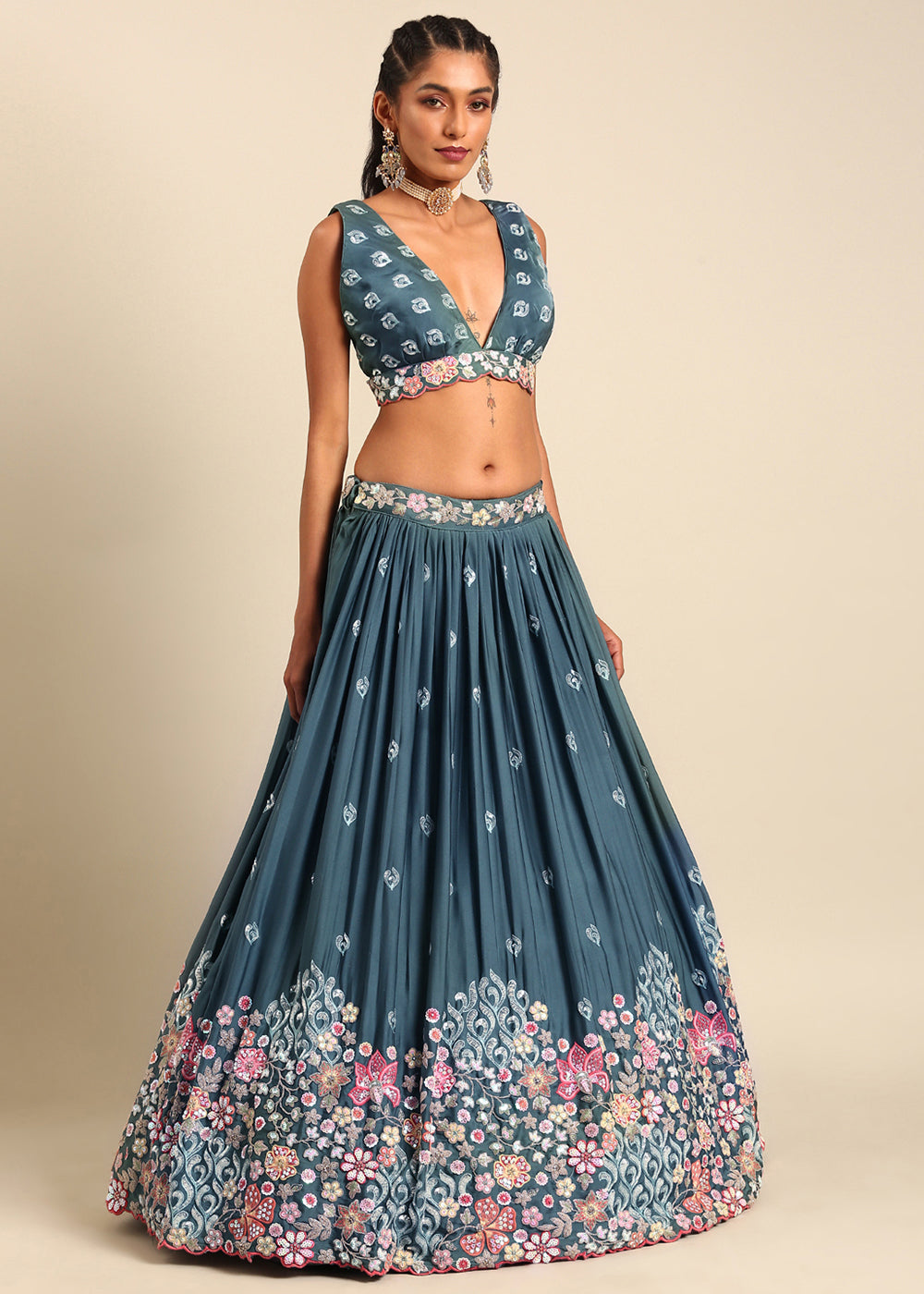 Celadon Blue Georgette Multi Sequins Lehenga Choli