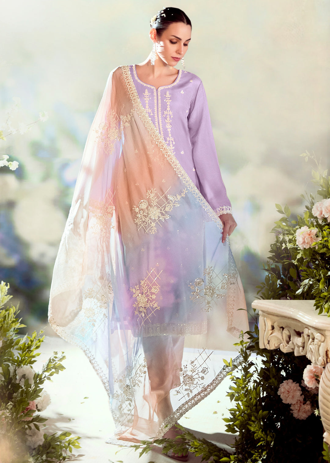 Pastel Lavender Modale Silk Salwar Suit with Embroidery