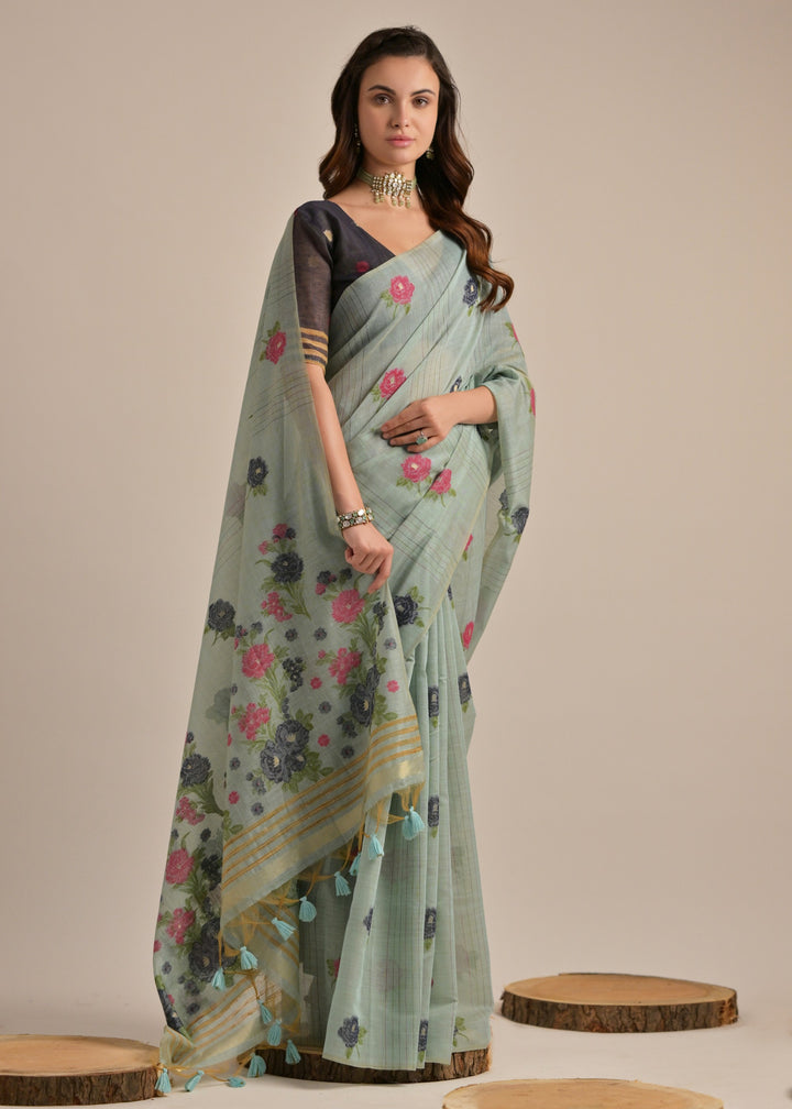 Cadet Blue Thread Woven Cotton Saree With Contrast Blouse