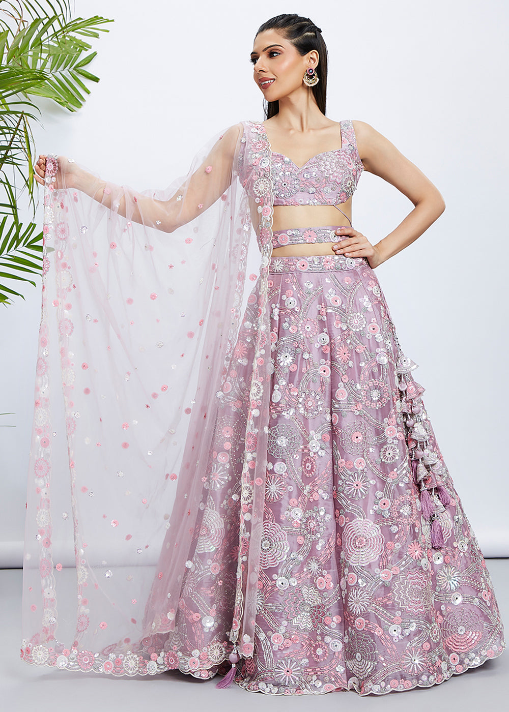 Mauve Purple Organza Lehenga Choli with Sequins, Zarkan & Thread Embroidery work