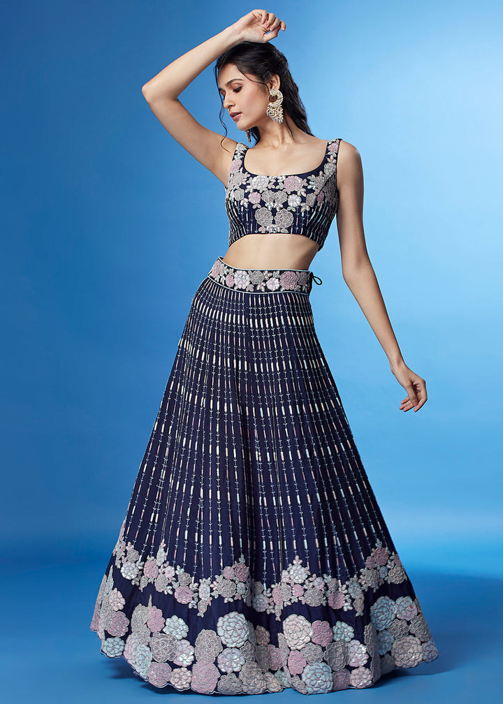 Navy Blue Georgette Multi Sequins Lehenga Choli