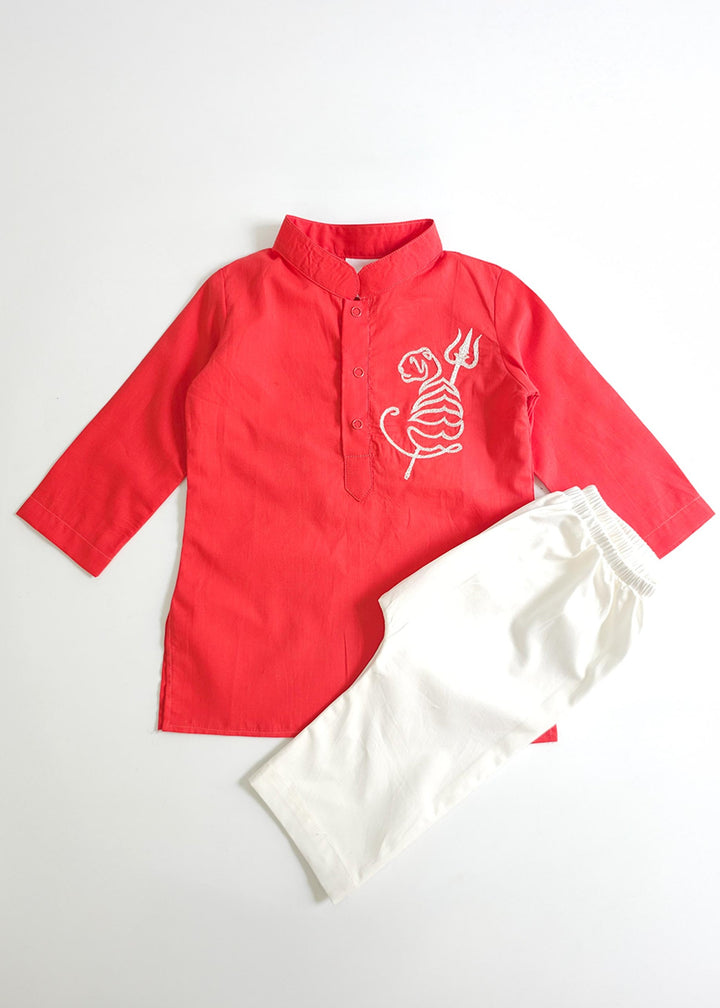 Organic Cotton Embroidered Red Kurta paired with Pajama Pants - Tiger