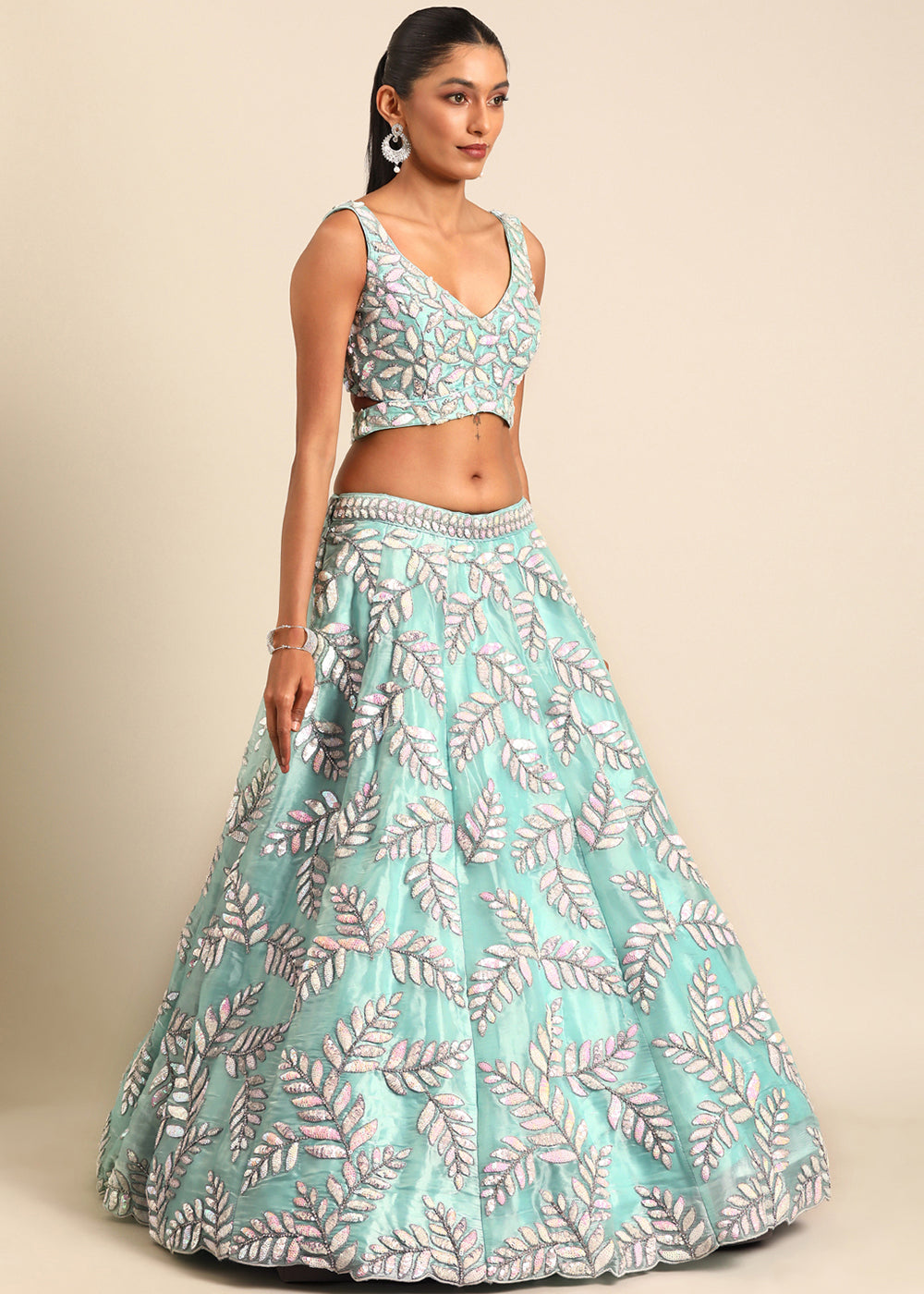 Turquoise Blue Organza Lehenga Choli with Sequins & Zarkan Embroidery work