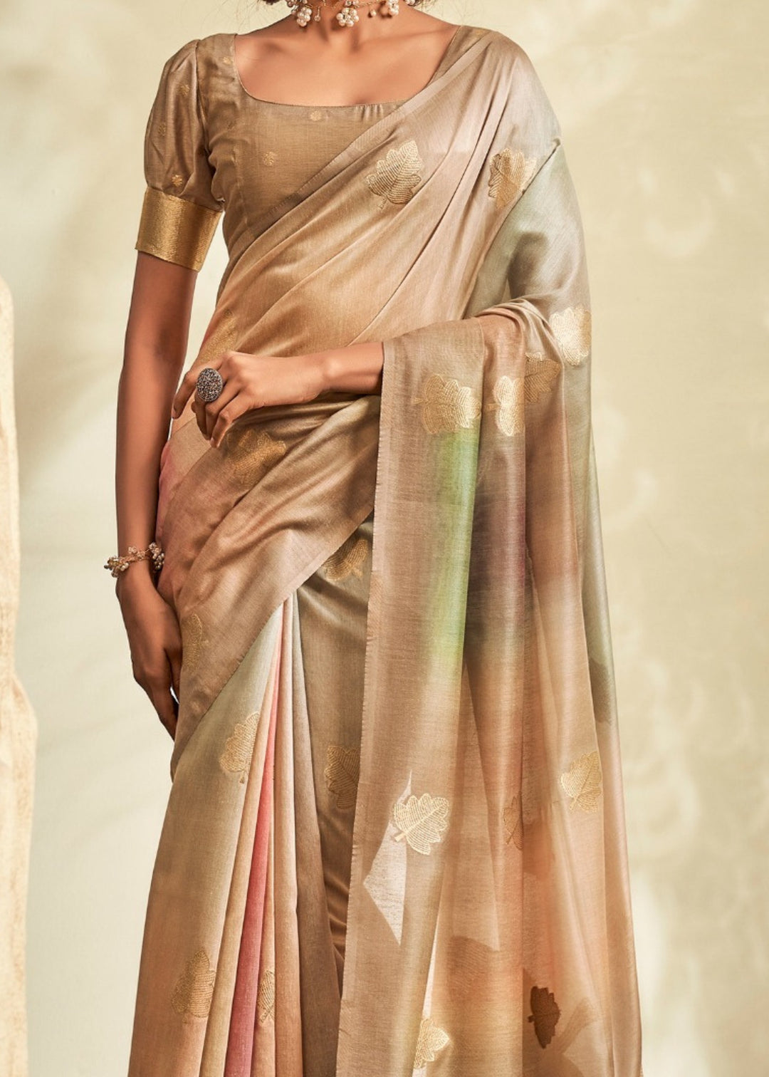 Beige Golden Handloom Khadi Silk with Digital Print