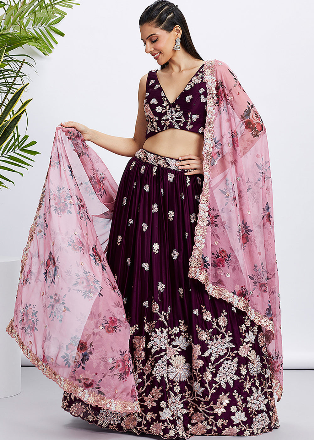 Raisin Purple Georgette Lehenga Choli with Sequins & Thread Embroidery work