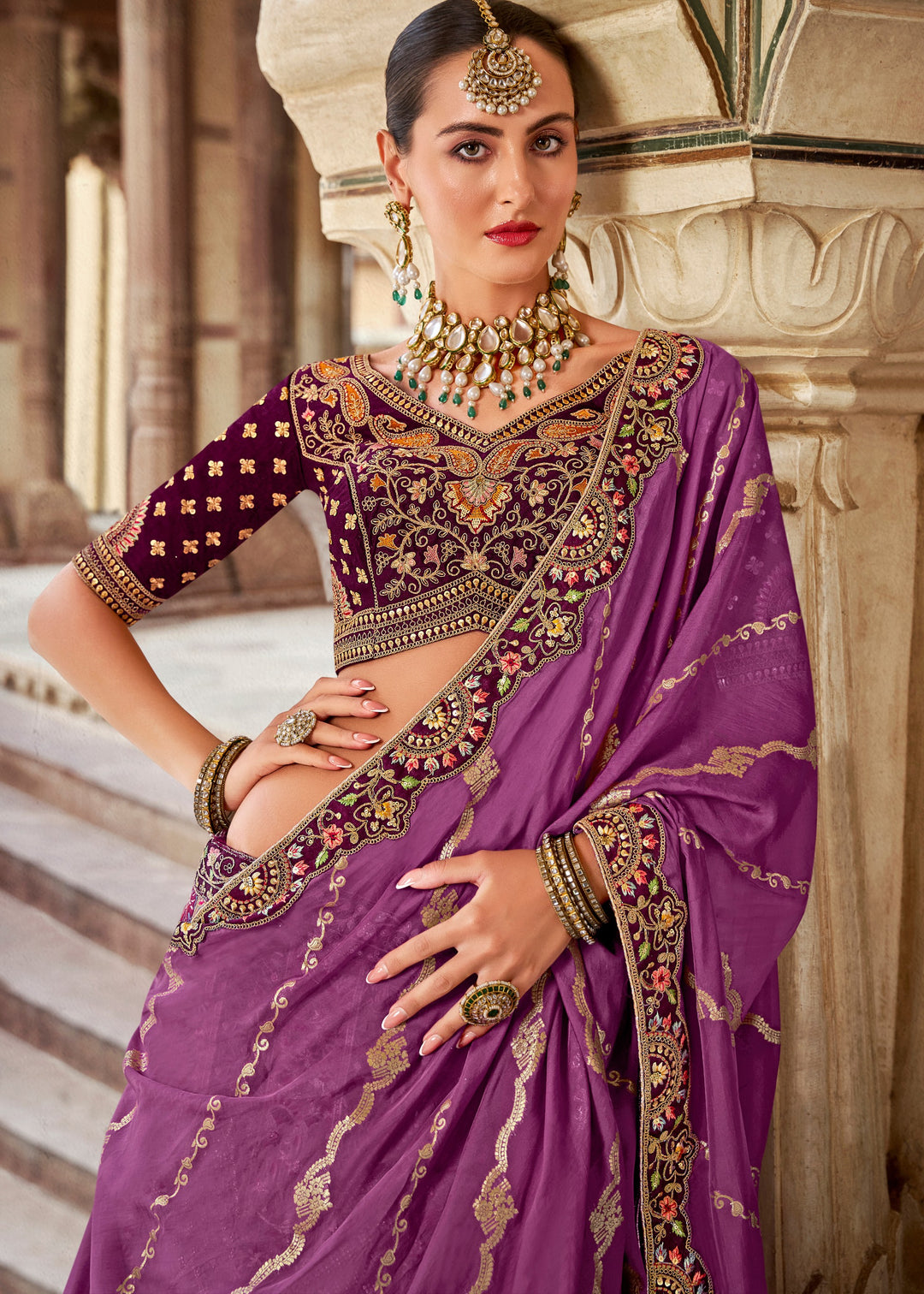 Violet Purple & Pink Banarasi Silk Lehenga Choli with Zarkan, Sequence and Thread Work