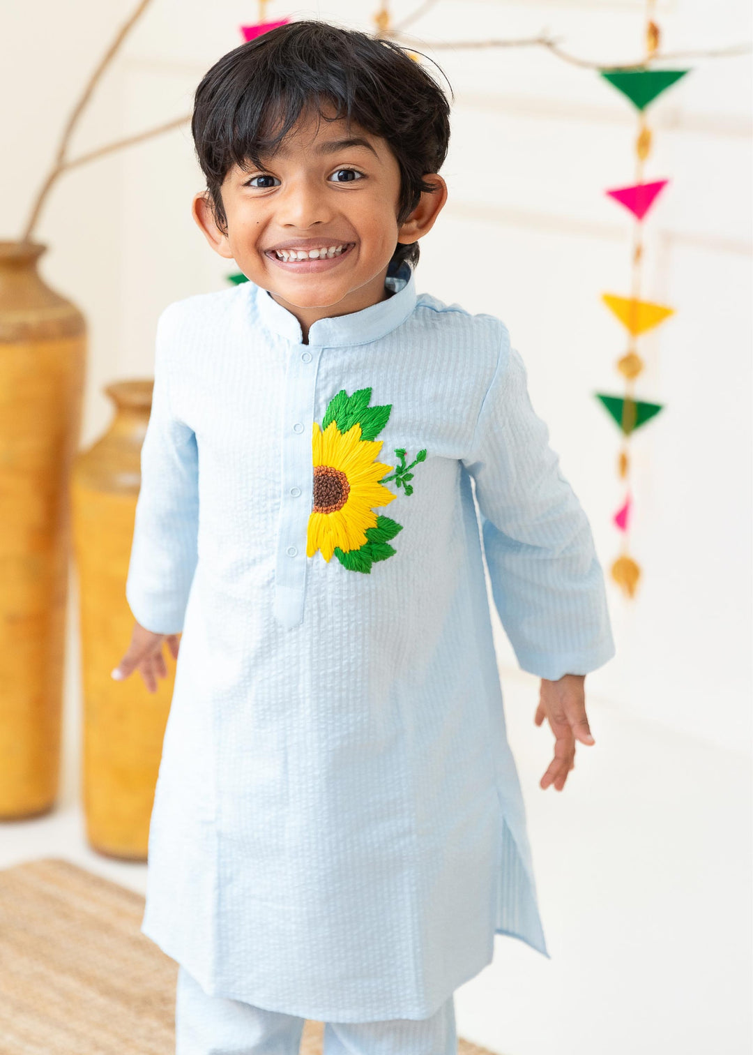 Organic Cotton Hand Embroidered Light Blue Kurta with Pajama - Sunflower