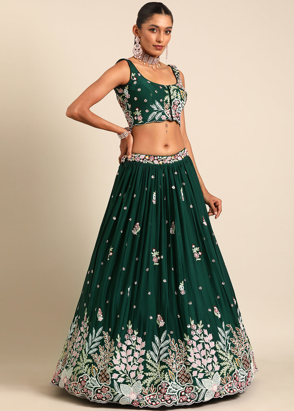 Sacramento Green Georgette Lehenga Choli with Sequins & Thread Embroidery work