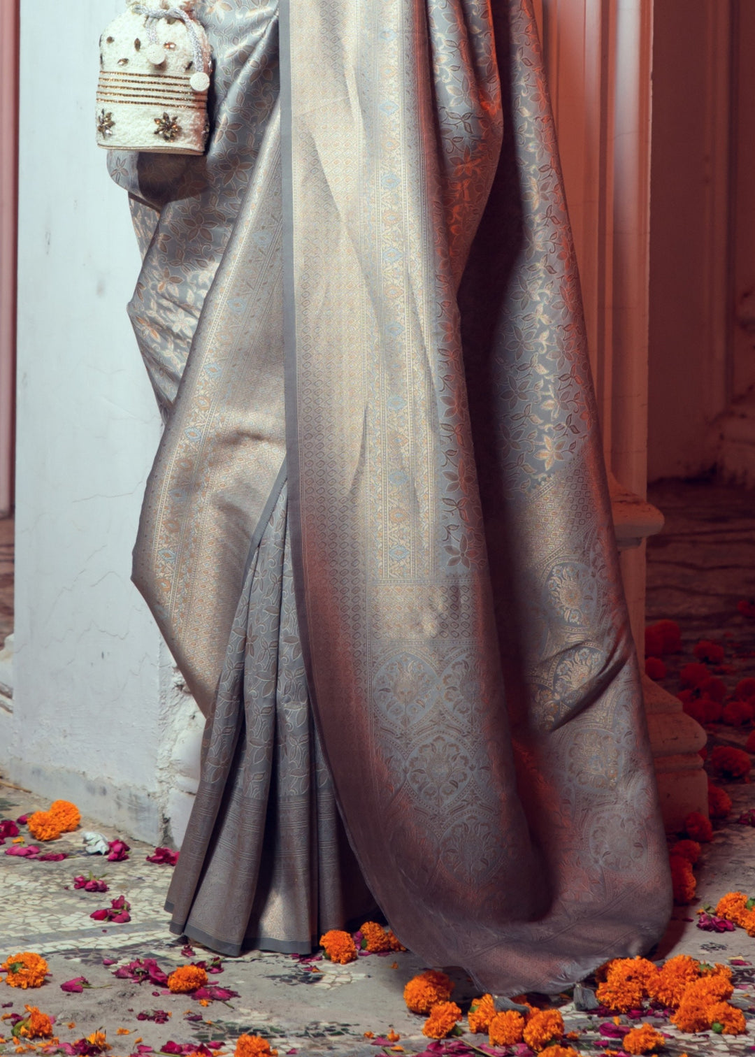 Coin Grey Zari Woven Silk Saree