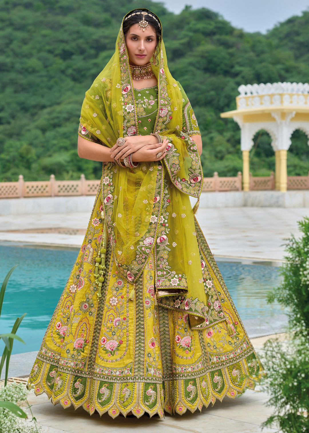 Moss Green and Yellow Viscose Tissue Lehenga Choli with Embroidery Work